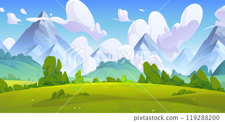 Summer natural landscape with meadow, mountains. 119288200
