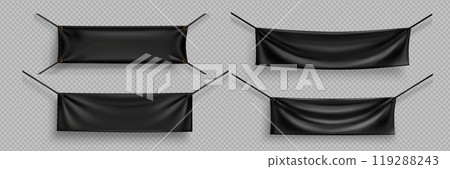 Blank black canvas banners hanging on ropes Blank black canvas banners hanging on ropes 119288243