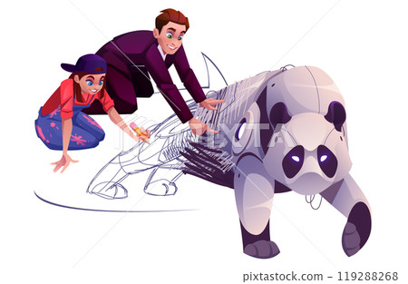 Artist girl and businessman drawing panda robot Artist girl and businessman drawing panda robot 119288268
