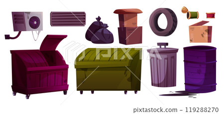 Cartoon set of garbage and waste containers Cartoon set of garbage and waste containers 119288270