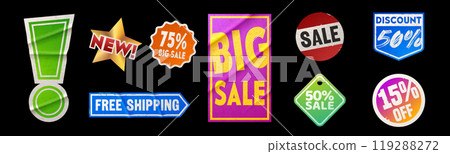 Colorful set of sale stickers on black background Colorful set of sale stickers on black background 119288272