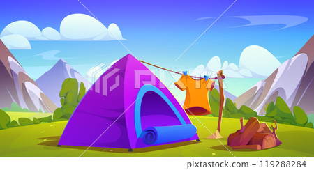 Camp tent in mountain valley Camp tent in mountain valley 119288284