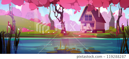 Wooden hut on lake shore in forest with pink trees Wooden hut on lake shore in forest with pink trees 119288287