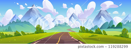 Empty road among field and mountains Empty road among field and mountains 119288299