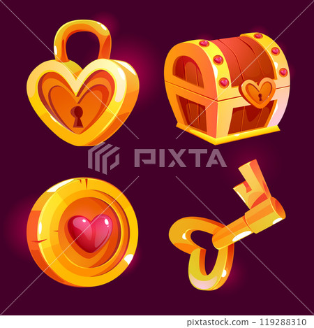 Game cartoon icon set with heart shaped elements. Game cartoon icon set with heart shaped elements. 119288310