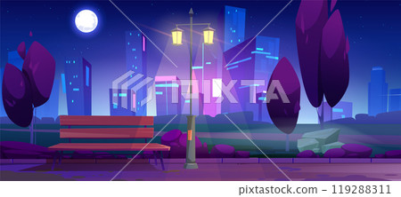 Night city park with bench and light on street Night city park with bench and light on street 119288311