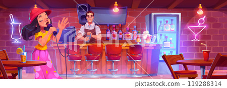 Pub bar interior with bartender and singer 119288314