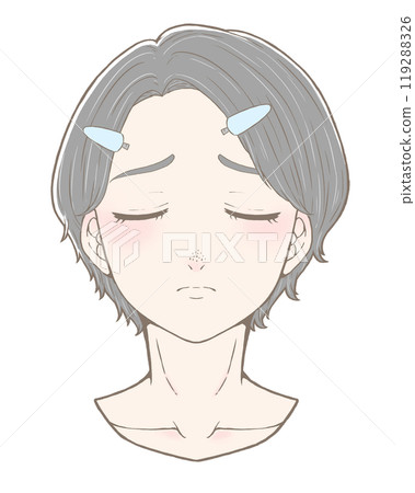 A cool-toned woman with a bangs clip, suffering from a strawberry nose, above the neck 119288326