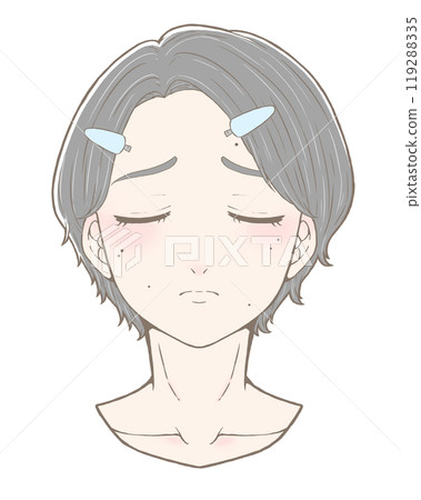 A cool-toned woman with a bangs clip, bothered by a mole on her neck A cool-toned woman with a bangs clip, bothered by a mole on her neck 119288335