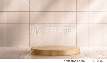 Tiled background with round wooden podium Tiled background with round wooden podium 119288365