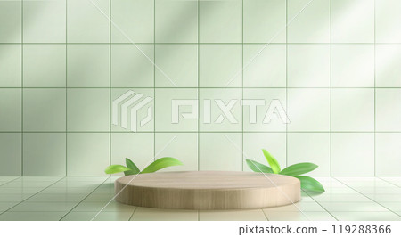3d green kitchen tile wall with wood podium scene 119288366