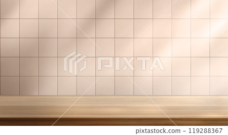 Realistic tiled kitchen wall with wooden shelf 119288367