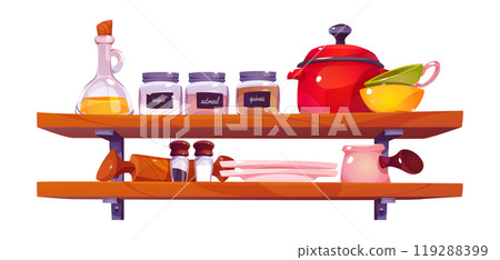 Kitchen shelf with utensils and seasoning jars 119288399