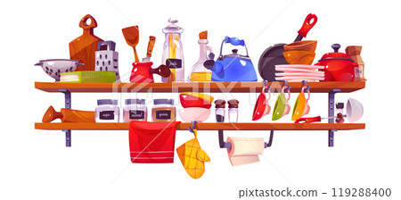 Kitchen shelf with utensil and dish vector set 119288400