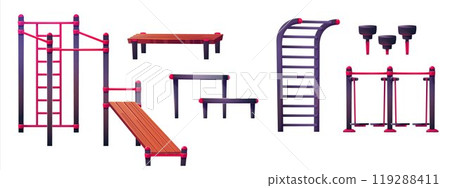 Outdoor street gym in park with fitness equipment Outdoor street gym in park with fitness equipment 119288411