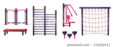 Cartoon set of street workout equipment on white Cartoon set of street workout equipment on white 119288412