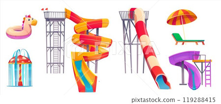Cartoon set of aquapark equipment on white 119288415