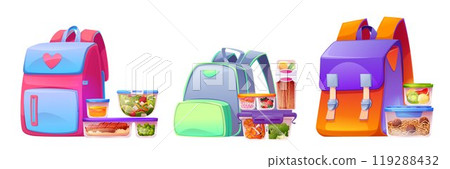 Food container lunch box near backpack for school Food container lunch box near backpack for school 119288432