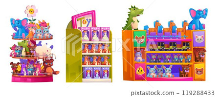 Cartoon set of toy shop goods on shelves Cartoon set of toy shop goods on shelves 119288433