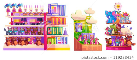 Kid toy shop interior shelf game vector cartoon Kid toy shop interior shelf game vector cartoon 119288434