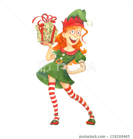 Cool cartoon teenage girl in an elf costume with a gift in her hand. Holiday presents concept. Hand drawn watercolor character for a Christmas or New Year card, banner. Mascot for a Boxing day Sale Cool cartoon teenage girl in an elf costume with a gift in her hand. Holiday presents concept. Hand drawn watercolor character for a Christmas or New Year card, banner. Mascot for a Boxing day Sale 119288465