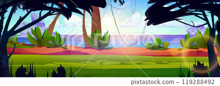 Tropical island coastline with exotic trees Tropical island coastline with exotic trees 119288492