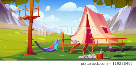 Camp tent and mountain valley landscape background Camp tent and mountain valley landscape background 119288495