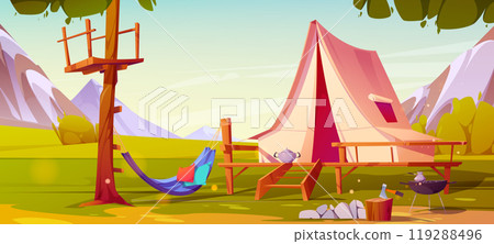 Summer mountain camp with tent and hammock 119288496