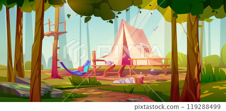 Camp with tent in summer forest 119288499