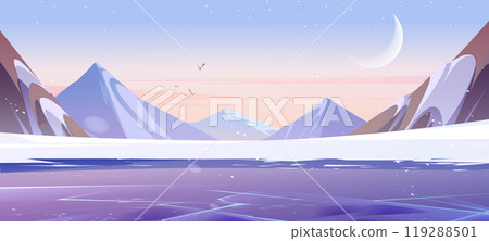 Snowy mountain landscape with ice on river 119288501