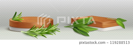 Realistic wooden podiums with rosemary, laurel Realistic wooden podiums with rosemary, laurel 119288513