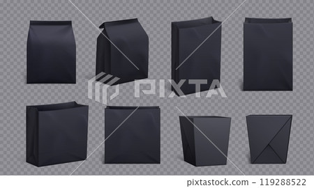 Realistic set of black paper bag and box 119288522
