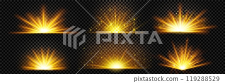 Realistic set of golden light shine on transparent 119288529