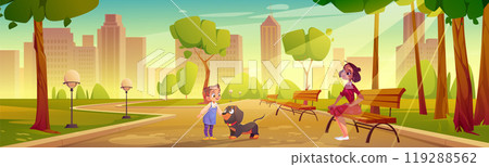 Kid with dog and mother walk in summer city park 119288562