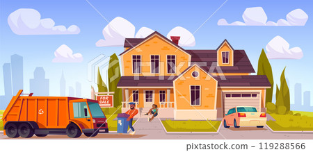 City garbage truck near house, rubbish collector 119288566