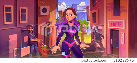 Girl superhero character in city street alley 119288570