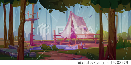 Camp tent in rail forest adventure illustration Camp tent in rail forest adventure illustration 119288579