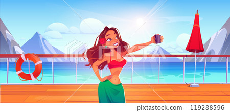 Girl and mountain view on cruise ship deck terrace 119288596