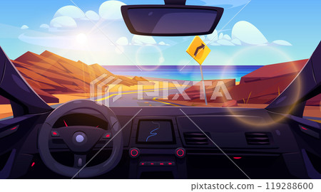 Inside car view on desert sea shore road landscape Inside car view on desert sea shore road landscape 119288600