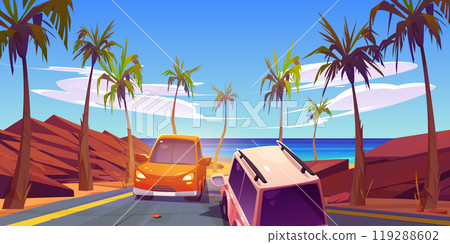 Desert road traffic to sea shore illustration Desert road traffic to sea shore illustration 119288602