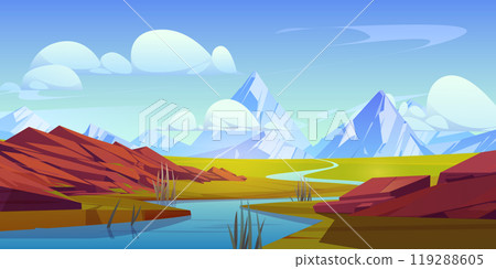 Alpine mountain valley landscape with river 119288605