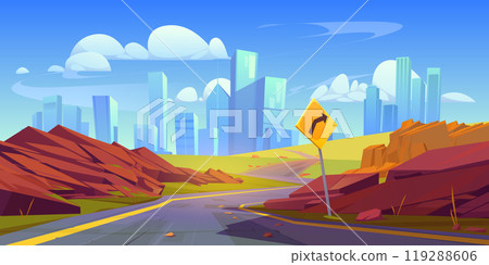 Summer city landscape with curve road, turn sign 119288606