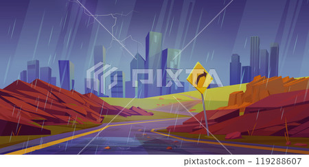 Summer city landscape with curve road, turn sign Summer city landscape with curve road, turn sign 119288607