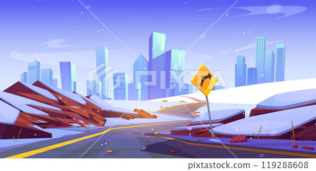 Winter city landscape with curve road and snow Winter city landscape with curve road and snow 119288608