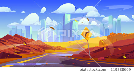Autumn city landscape with curve road, turn sign 119288609