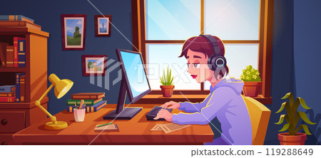 Teenager working on desktop computer at home 119288649