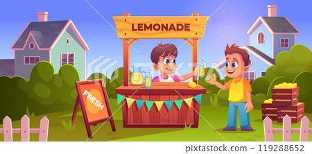 Happy children at lemonade stand in summer yard 119288652