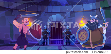 Man and viking battle in medieval castle dungeon Man and viking battle in medieval castle dungeon 119288666