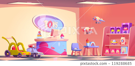 Cartoon toy shop interior with goods and furniture 119288685