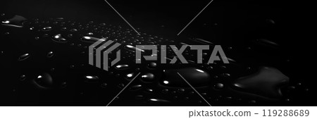 Realistic 3D water drops on black surface Realistic 3D water drops on black surface 119288689